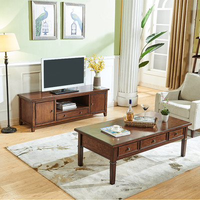 美式乡村成套装全实木茶几和电视机柜组合客厅胡桃色风格方形家具