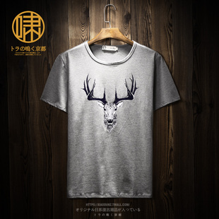 夏季鹿头印花短袖T恤 男日系文艺潮牌动物图案半袖小清新宽松体恤