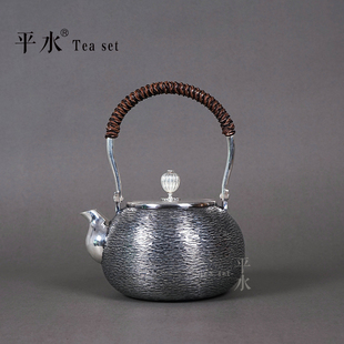 平水 纯银999烧水壶 日式拉丝绳艺复古工艺 功夫茶具手工打造水壶