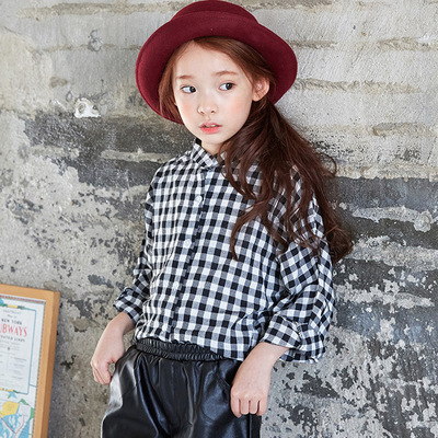 韩国童装女童2016秋装新款中大儿童长袖格子衬衫立领纯棉衬衣上衣