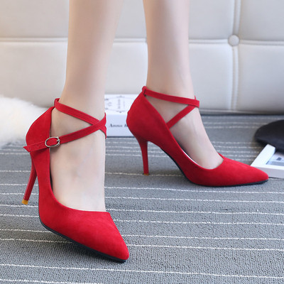 2016春夏季女鞋磨砂皮尖头高跟单鞋红色结婚鞋细跟女新娘鞋9.5cm