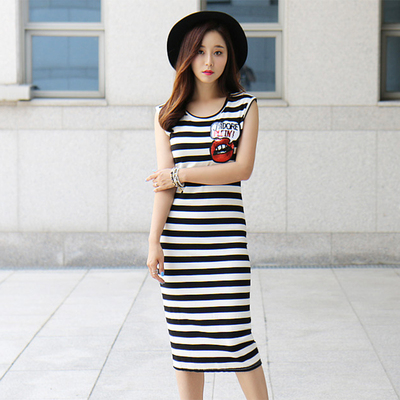夏季新款韩版条纹百搭无袖休闲连衣裙女装修身显瘦时尚包臀裙子潮