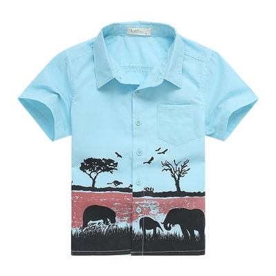 儿童男童短袖衬衣夏装 新款韩版潮非洲草原印花休闲纯棉衬衫