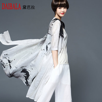 黛芭拉2016夏季新款女装中国水墨画中袖风衣真丝亚麻防晒开衫外套