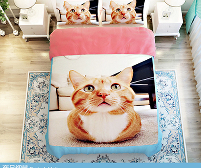 AB版小黄猫宠物韩棉床单被套四件套1.2m1.5 1.8米床罩儿童床笠式