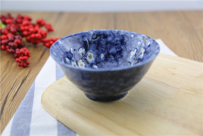 日本进口碗 美浓蓝绘变樱花陶瓷器餐具 釉下彩13厘米日式小米饭碗