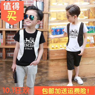 2016夏季男童套装夏款中大童韩版竖条纹假两件套潮流童装