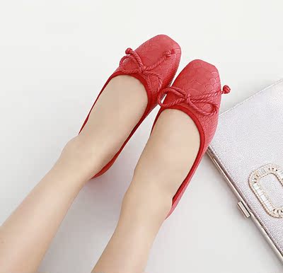2016日常白色红色黑色纯色浅口韩版套脚年新款 蝴蝶结平底女鞋
