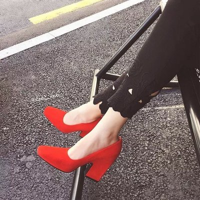 2016红色高跟婚鞋秋季欧美方头优雅红色浅口时尚单鞋百搭女神鞋子