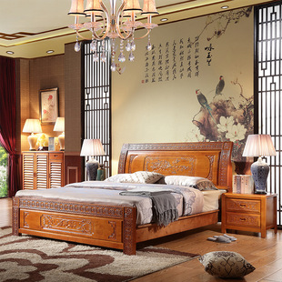 松上1.8米仿古实木双人床新古典中式奢华卧室婚床高箱储物床包邮