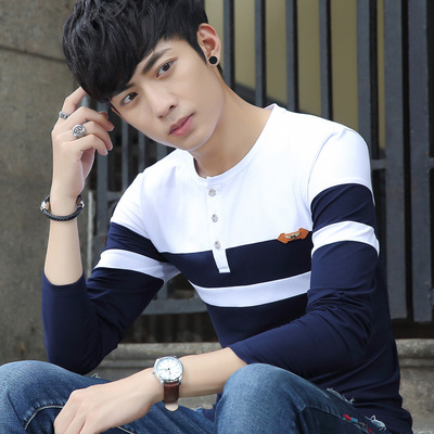 秋季男装长袖T恤V领纽扣青少年韩版修身纯色棉体恤男士拼接上衣潮