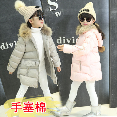 16冬季新款女童中大童潮韩版加厚可爱时尚毛领连帽中长款棉衣外套
