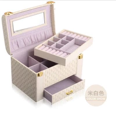 韩国公主手提大容量编制皮革三层首饰收纳化妆箱女生礼物送什么