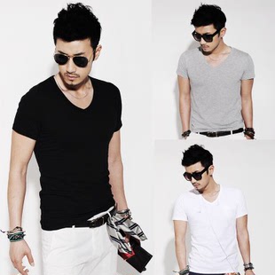 夏季短袖t恤男v领半袖纯色紧身体恤黑白色修身打底衫韩版运动衣服