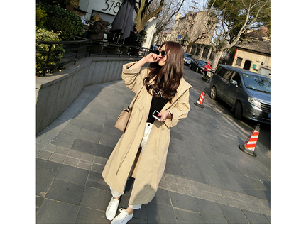 2016新款韩版中长款长袖连帽纯色女士风衣外套