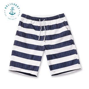 Holishort宽松速干沙滩裤 男士条纹五分裤夏季海边度假短裤平角裤