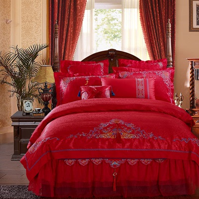 远梦家纺全棉床上用品婚庆大红四六八十多件套纯棉床盖裙蕾丝1.8