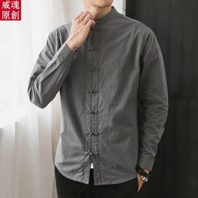 夏季薄款中国风唐装男亚麻衬衫休闲中式复古棉麻衬衣男装长袖麻衣