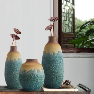 文艺复古简约美式乡村地中海做旧彩釉蓝色陶瓷花瓶小清新