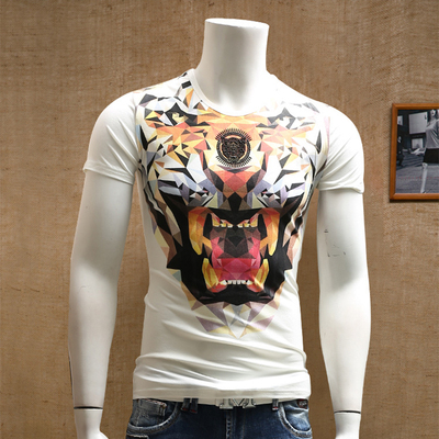 夏季男士短袖T恤圆领纯棉修身型动物印花图案个性3D老虎体恤衫潮