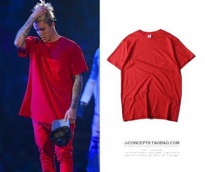 Justin Bieber纯棉圆领纯色短袖衫T恤男女装夏季百搭打底TEE运动