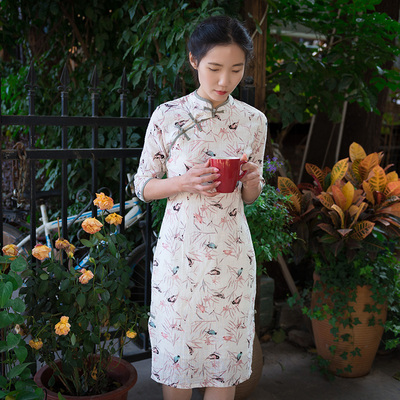 旗袍少女 学生改良中长款小鸟印花日常中式文艺复古 小清新连衣裙
