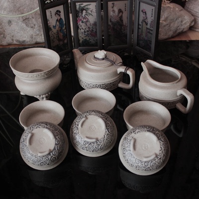 陶泥老岩泥粗陶茶具套装 浮雕复古陶瓷 功夫套装 紫砂陶茶杯茶壶