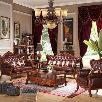 美式实木真皮沙发 高档客厅欧式沙发 新古典雕花沙发