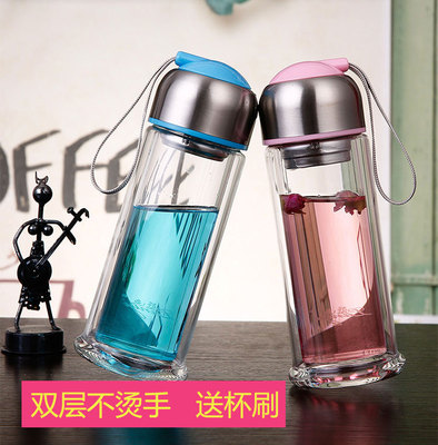 新款韩版高档双层玻璃杯耐热防烫时尚过滤花茶杯便携学生男女水杯