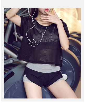 夏季女士瑜伽服罩衫健身房上衣运动短袖跑步宽松镂空透视网衫速干