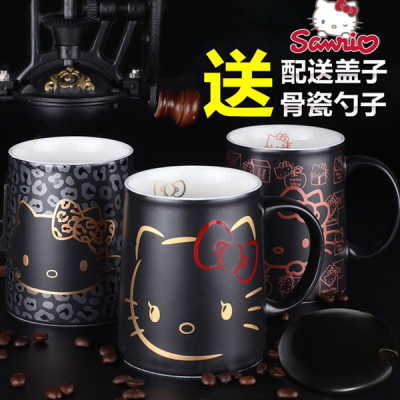 Hello Kitty可爱哑光大头猫水杯带盖咖啡杯子创意陶瓷马克茶杯子
