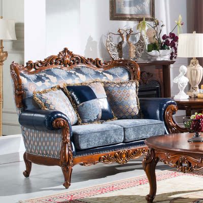 欧式实木沙发组合 客厅家具古典皮布沙发123 美式乡村布艺沙发