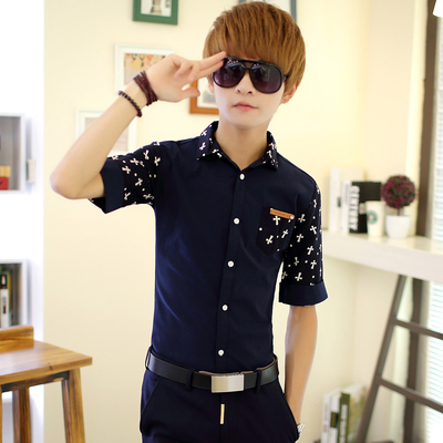 夏季男士短袖衬衫韩版修身学生帅气夏天寸衣青少年男装中袖衬衣潮