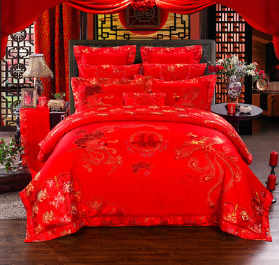依尚富安娜家纺婚庆四件套大红纯全棉刺绣结婚床上用品六八十件套