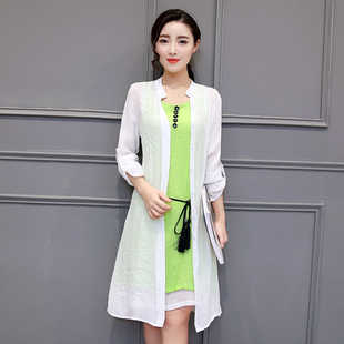 2016春夏装韩版女士修身棉麻披肩两件套长袖春季连衣裙套装裙女装