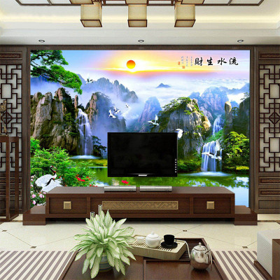 3D瓷砖背景墙山水画迎客松 客厅电视背景墙户外瓷砖中式流水生财