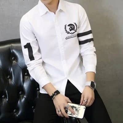 秋季新款韩版男装青年学生休闲修身条纹印花长袖衬衫男白衬衣潮
