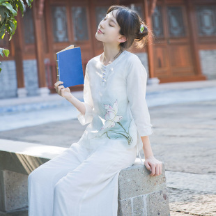 中国风女装秋季短款上衣中式上衣女禅茶棉麻服茶人服女