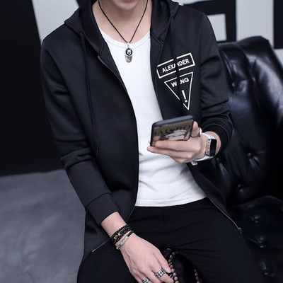 2016秋季时尚新款韩版男士圆领修身长袖卫衣青少年中长款开衫夹克