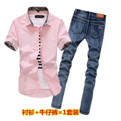2017夏季新款套装男韩版短袖衬衫牛仔裤青少年学生休闲潮流衬衣服