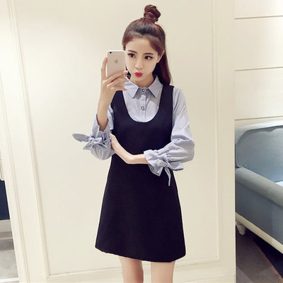 2016秋季女装新款韩国时尚短裙套装A字连衣裙+系带长袖衬衫两件套