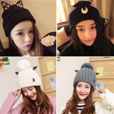 猫耳朵帽子秋冬女潮明星同款时尚可爱百搭韩版保暖针织帽毛线帽