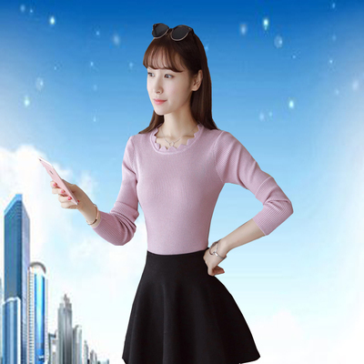 蘑菇街秋冬新款韩版女装针织衫女套头长袖毛衣短款修身打底衫上衣