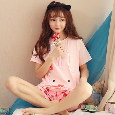 韩版睡衣夏季纯棉甜美少女卡通兔子草莓套装可外穿短裤学生家居服