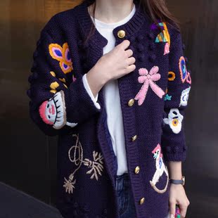 韩版秋冬季加厚纯手工刺绣卡通毛衣 针织羊毛开衫外套学院风女潮