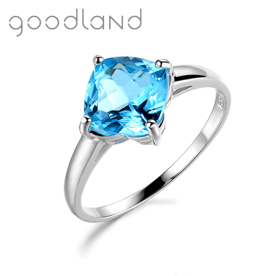 goodland 天然托帕石戒指女款瑞士蓝简约方形彩宝女戒925纯银指环