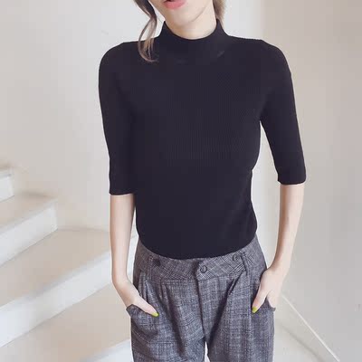 秋季新款2016韩版针织衫女套头纯色七分袖修身上衣显瘦黑色打底衫