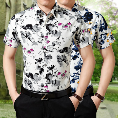 夏季棉麻中国风短袖衬衫中年男士免烫印花衬衣商务潮包邮大码T恤