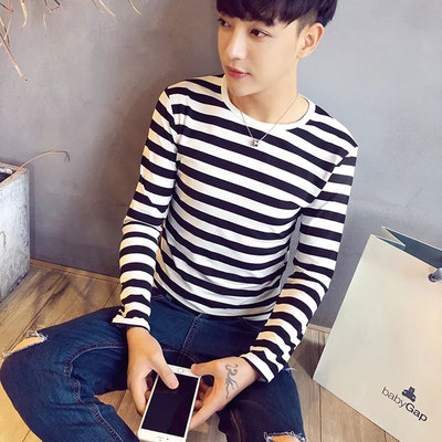 韩版秋装新款男装青少年修身圆领条纹长袖T恤男体恤衫学生打底衫