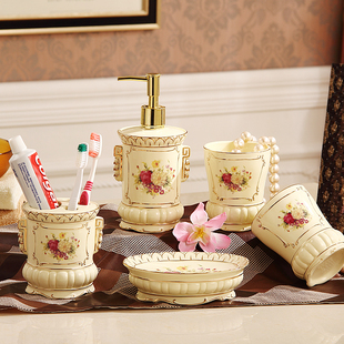 欧式陶瓷象牙瓷卫浴洗手液瓶刷牙杯漱口杯5件套装卫生间摆件